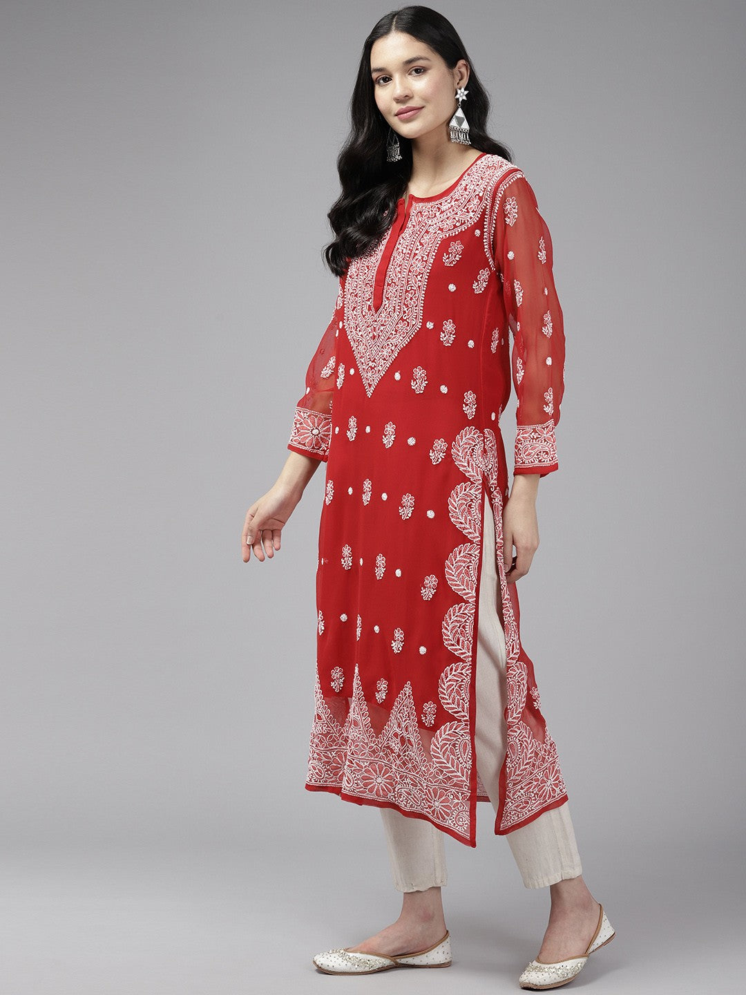 Ada Hand Embroidered Red Georgette Lucknowi Chikankari Straight Kurta With Slip A411425