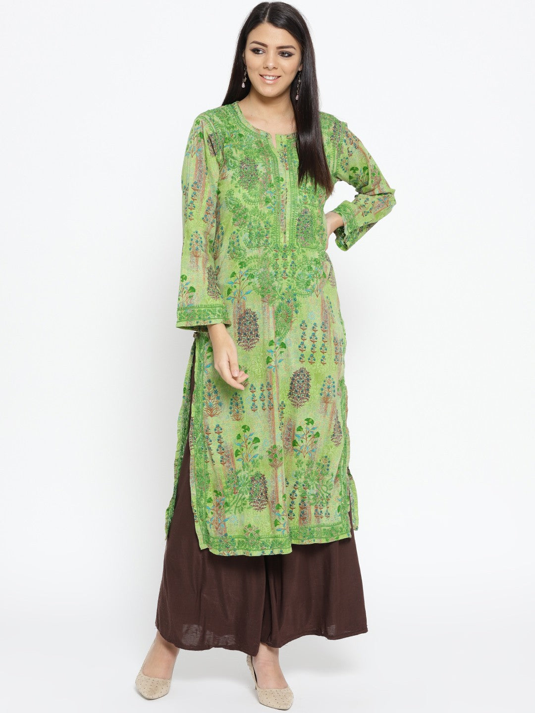 Ada Hand Embroidered Green Printed Cotton Chikan Kurta-A100058