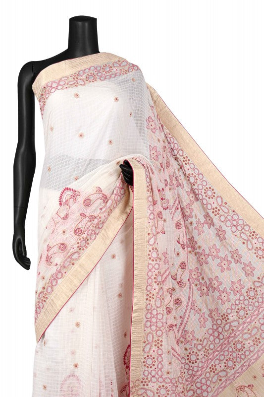 Ada Hand Embroidered Cream Chanderi Lucknowi Chikankari Saree With Blouse A70586