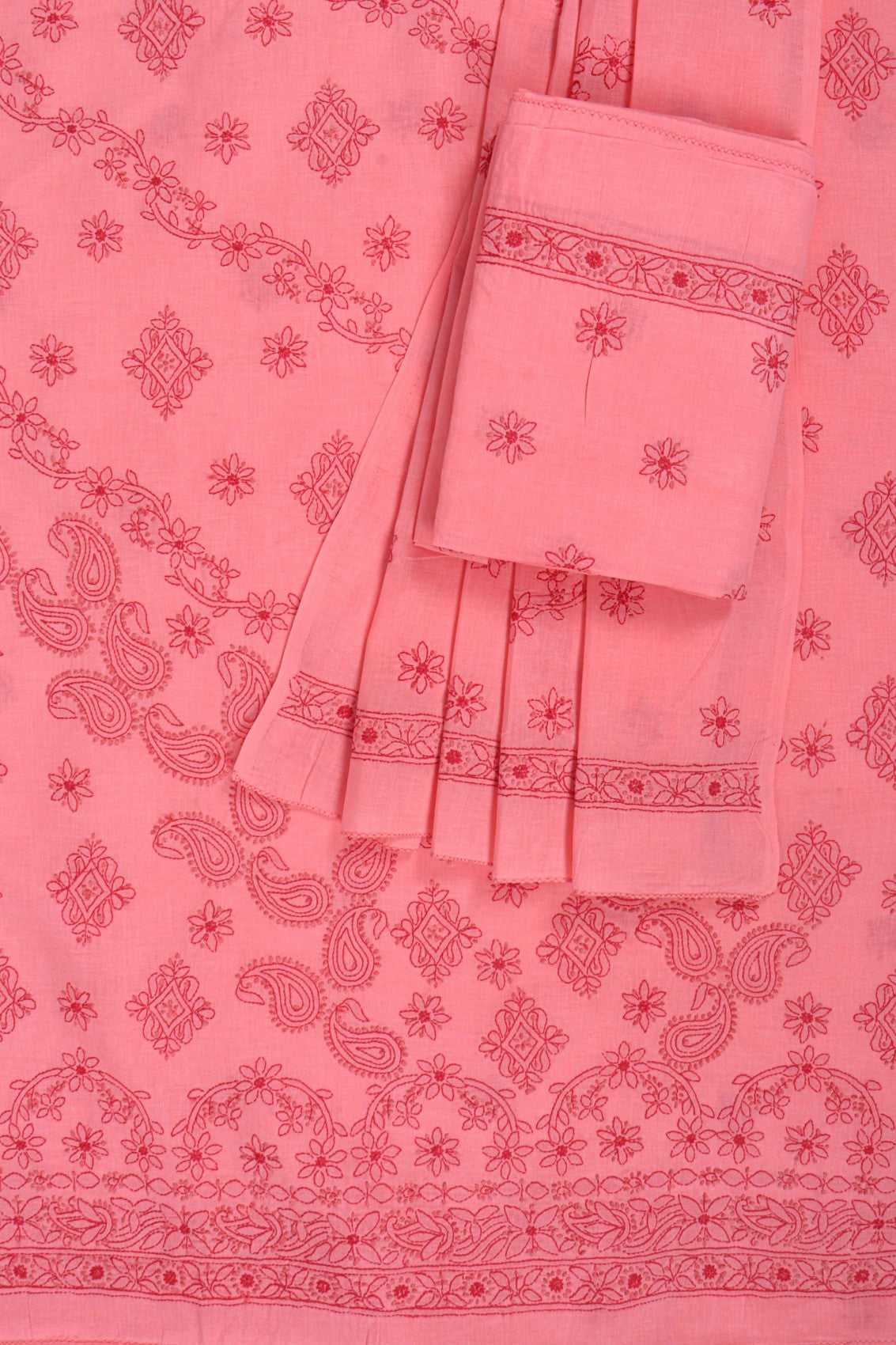 Ada Hand Embroidered Punch Pink Cotton Lucknowi Chikankari Unstitched Suit Piece 01A178593