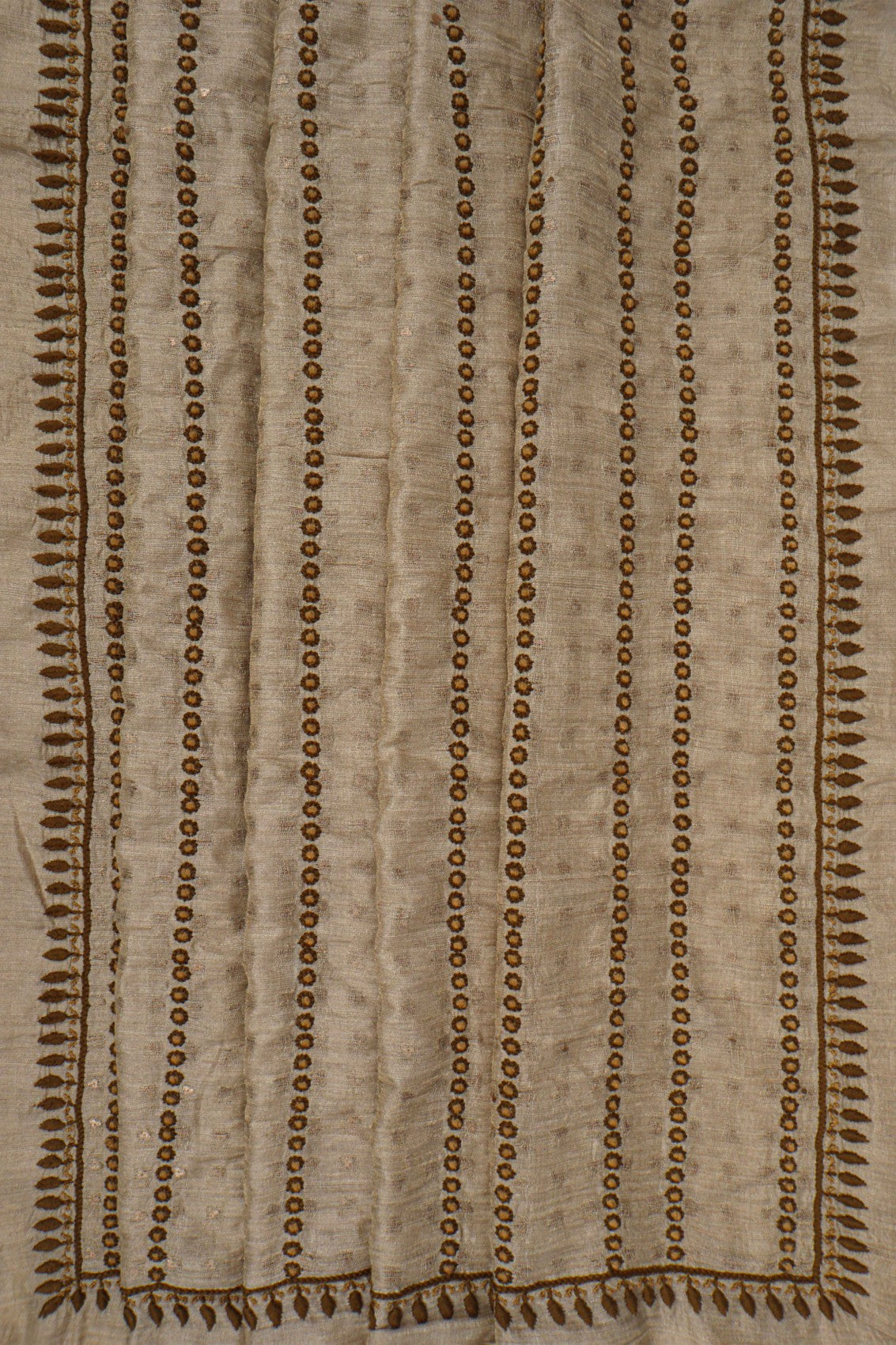 Ada Hand Embroidered Natural Fawn Silk Lucknowi Chikankari Saree With Blouse 01A116402