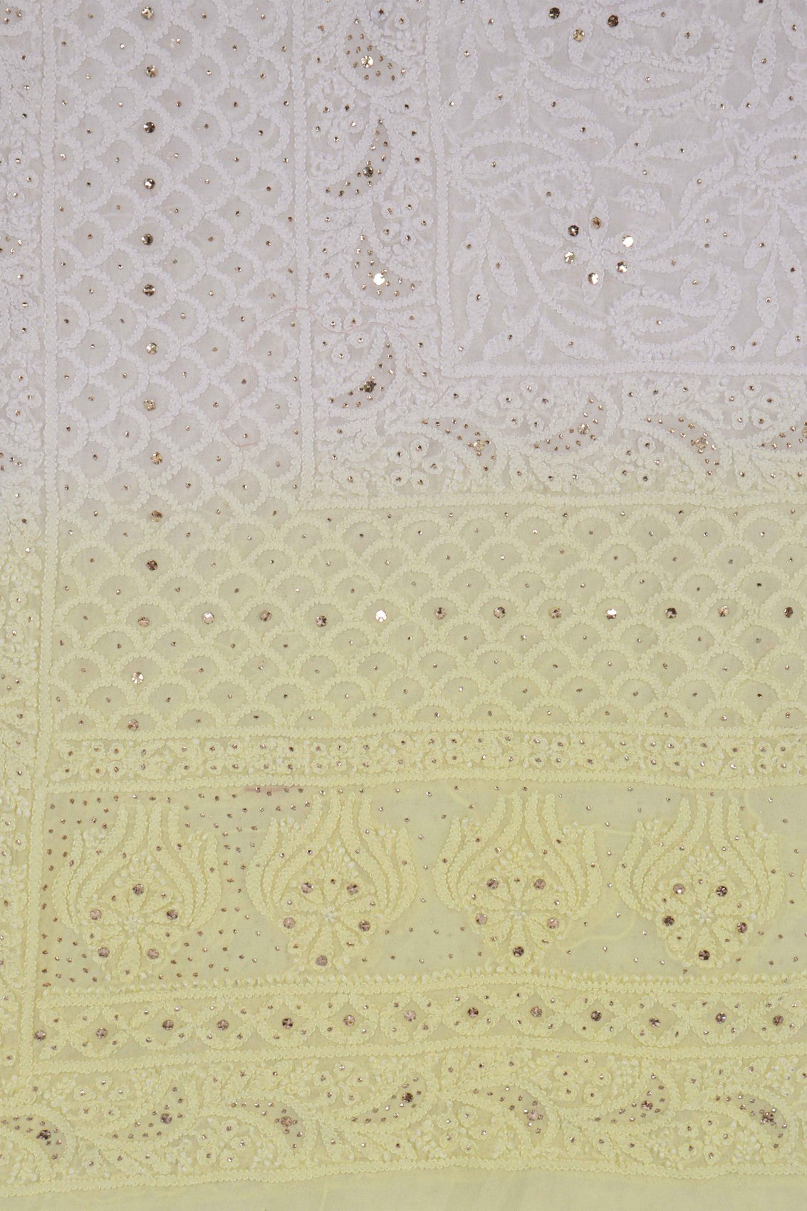 Ada Hand Embroidered Dual Shade Lemon/White Georgette Lucknowi Chikankari Dupatta With Muqaish Work 01A187051