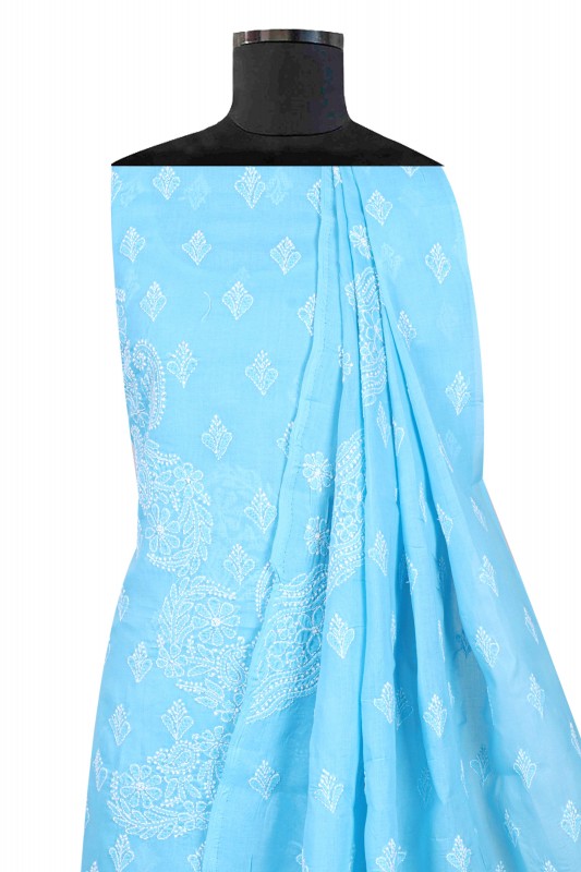 Ada Hand Embroidered Sky Blue Cotton Lucknowi Chikankari Unstitched Suit Piece A579448