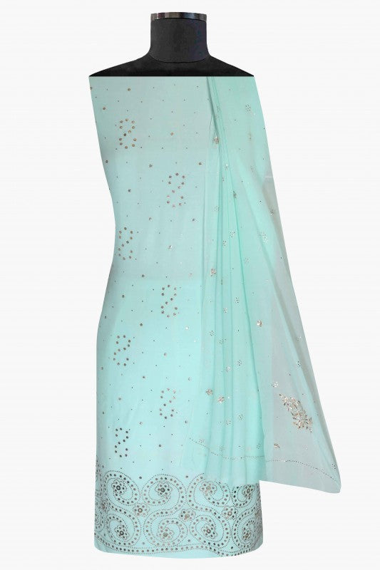 Ada Hand Embroidered Sea Green Crepe Lucknowi Chikan Unstitched Suit Piece With Muqaish Work-A134006