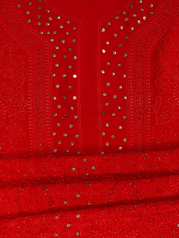 Ada Hand Embroidered Red Georgette Lucknowi Chikankari Unstitched Kurta Piece with Muqaish Work A511732