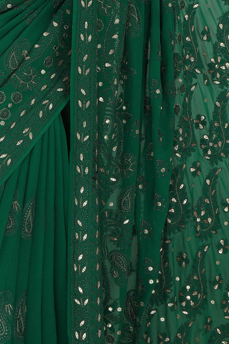 Ada Hand Embroidered Bottle Green Pure Georgette Lucknowi Chikankari Saree With Blouse with Gota Patti Work A619745