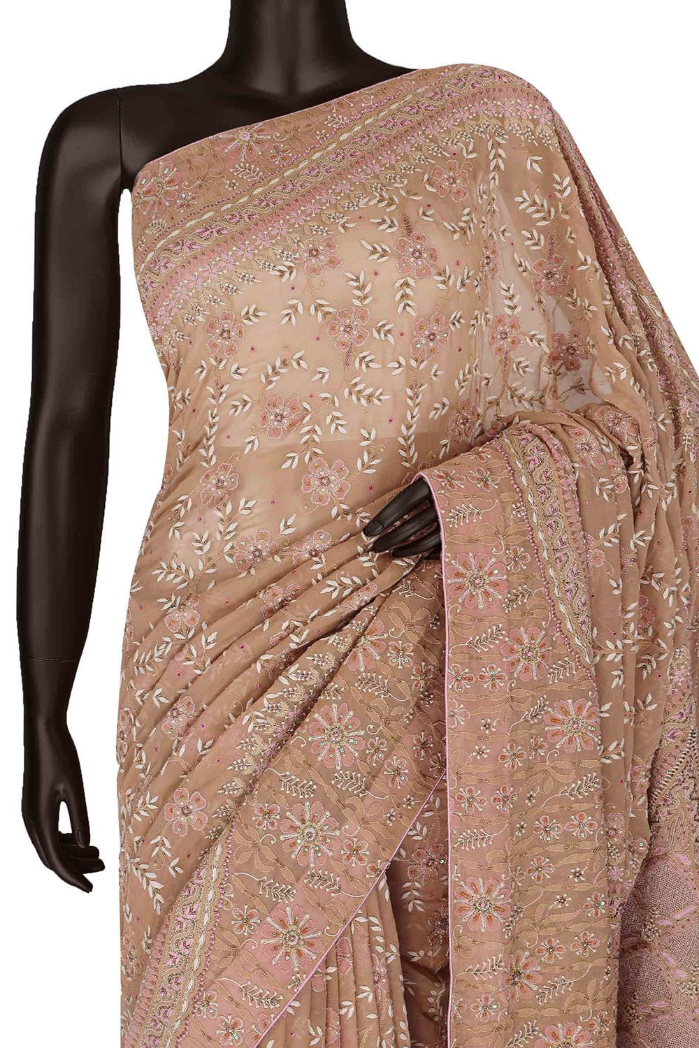Ada Hand Embroidered Dusty Pink/ Onion Pink Pure Georgette Lucknowi Chikankari Saree/Blouse With Sequinned & Pearl Work- A49688