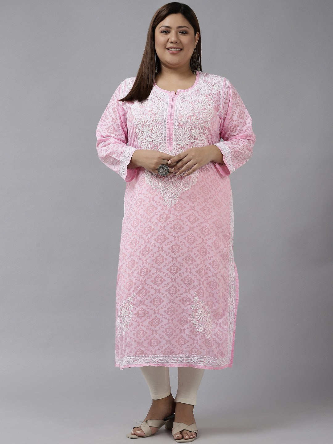 Ada Hand Embroidered Pink Cotton Lucknowi Chikankari Straight Kurta A100108
