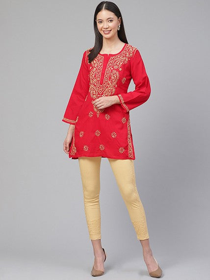 Ada Hand Embroidered Red Cotton Lucknowi Chikankari Straight Kurti A250381