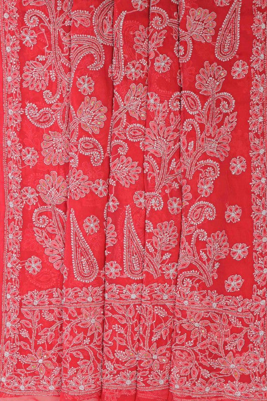 Ada Hand Embroidered Carrot Pink Georgette Lucknowi Chikankari Saree/Blouse With Pearl Work A599489