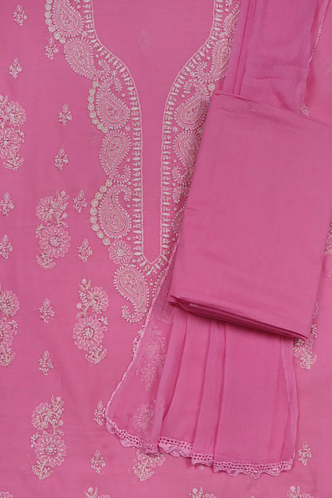 Ada Hand Embroidered Dark Pink Chanderi Lucknowi Chikankari Unstitched Suit Piece With Pearl Work A588557