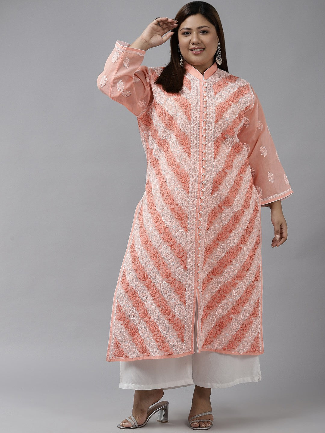 Ada Hand Embroidered Peach Cotton Lucknow Chikan Kurta A411321