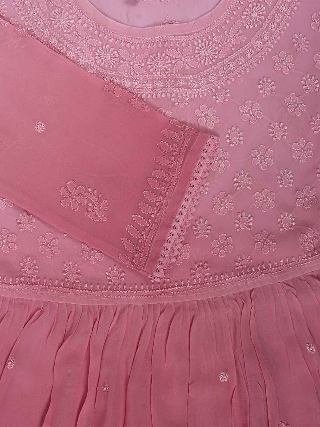 Ada Hand Embroidered Onion Pink Viscose Georgette Lucknowi Chikankari Kurta Dupatta And Palazzo Set 01A220225