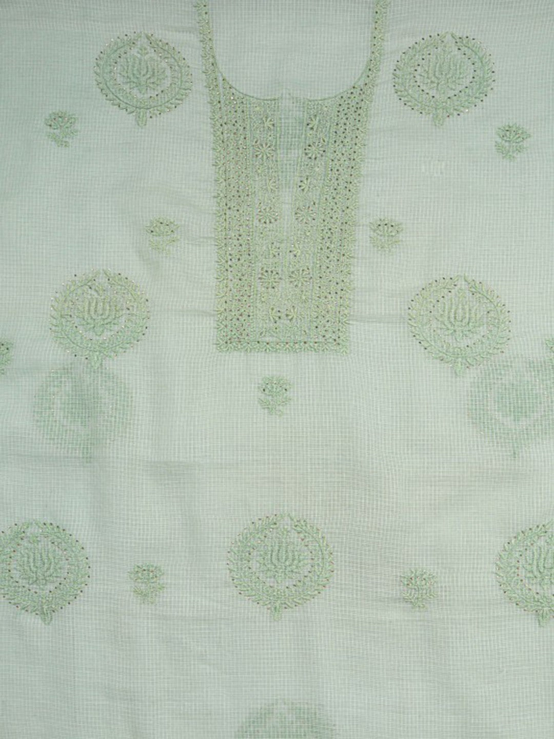 Ada Hand Embroidered Pista Green Kota Lucknowi Chikan Unstitched Kurta Dupatta Set With Muqaish Work A614846