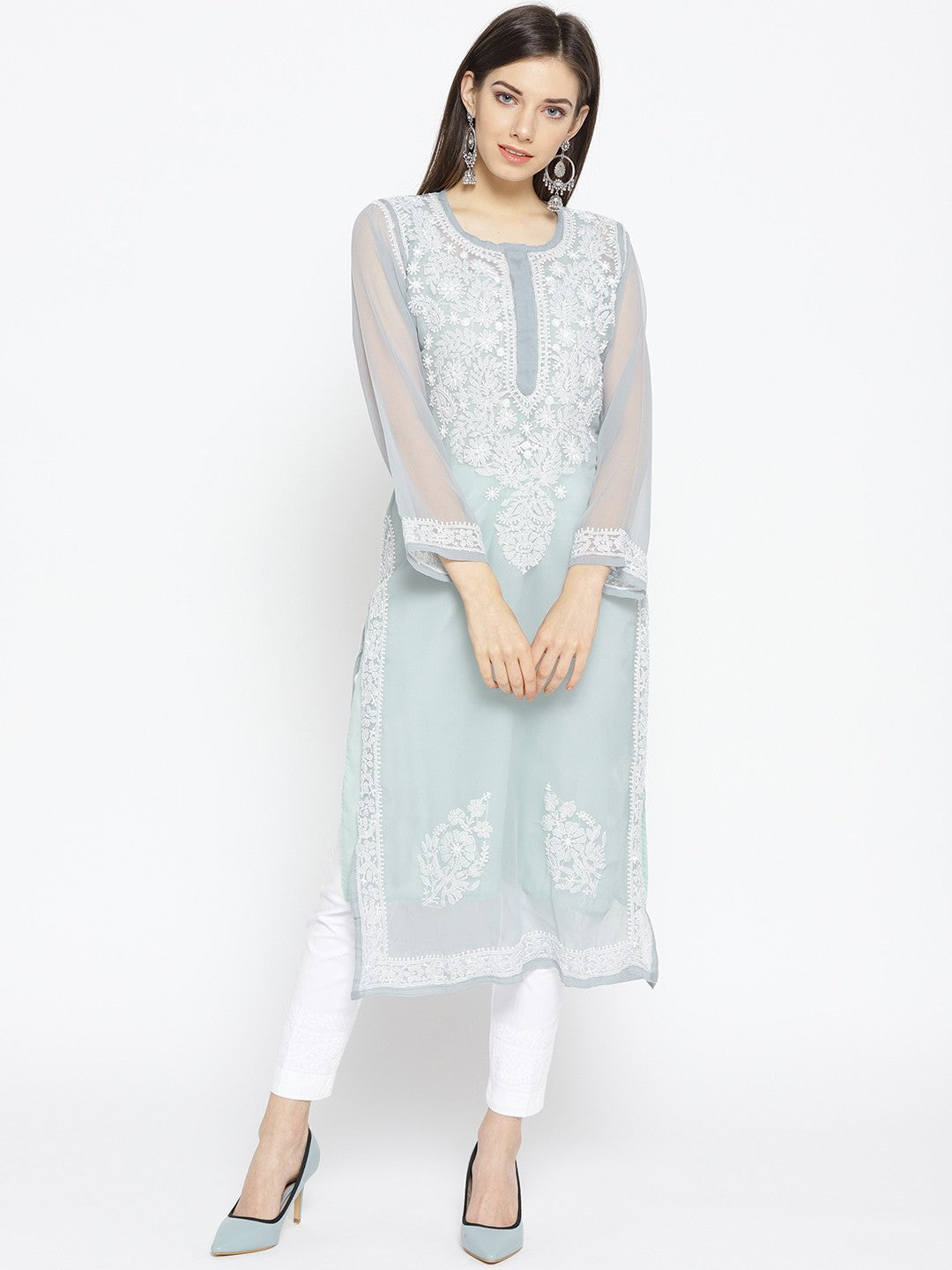 Ada Hand Embroidered Grey Faux Georgette Lucknowi Chikankari Kurta Set with Slip A100043