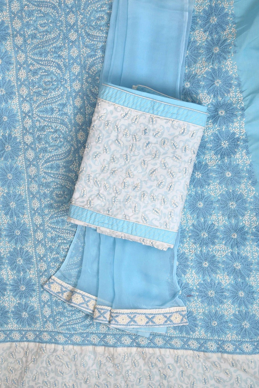Ada Hand Embroidered Blue Cotton Lucknowi Chikan Unstitched Suit Piece A622466