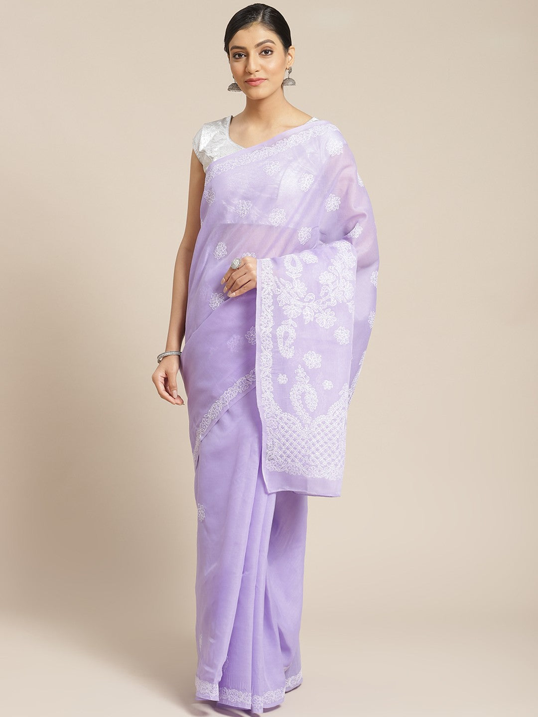 Ada Hand Embroidered Lavender Cotton Lucknow Chikan Saree With Blouse-A311172