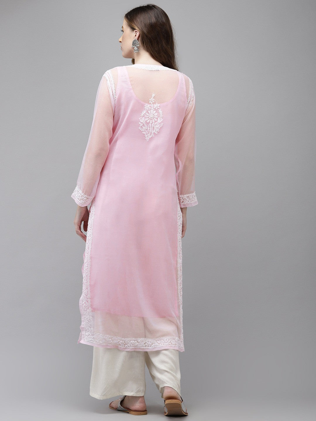 Ada Hand Embroidered Baby Pink Georgette Lucknow Chikan Kurta with Slip A411364