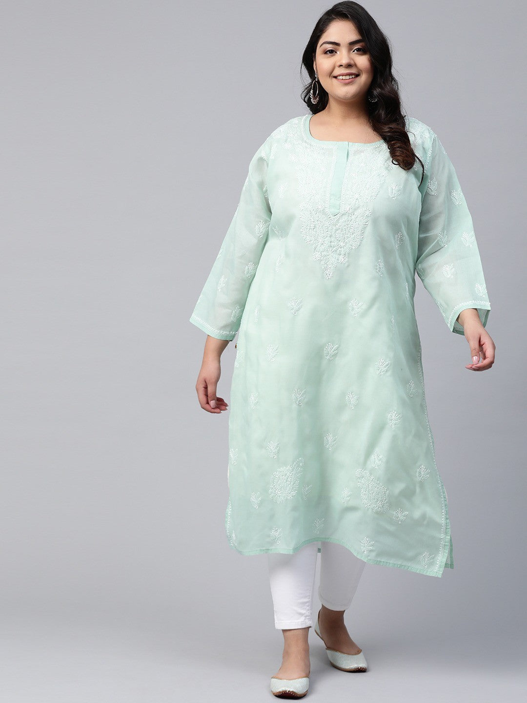 Ada Hand Embroidered Light Pistachio Green Cotton Lucknowi Chikankari Straight Kurta A411138