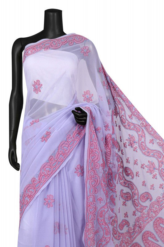 Ada Hand Embroidered Mauve Georgette Lucknowi Chikankari Saree With Blouse AA160115