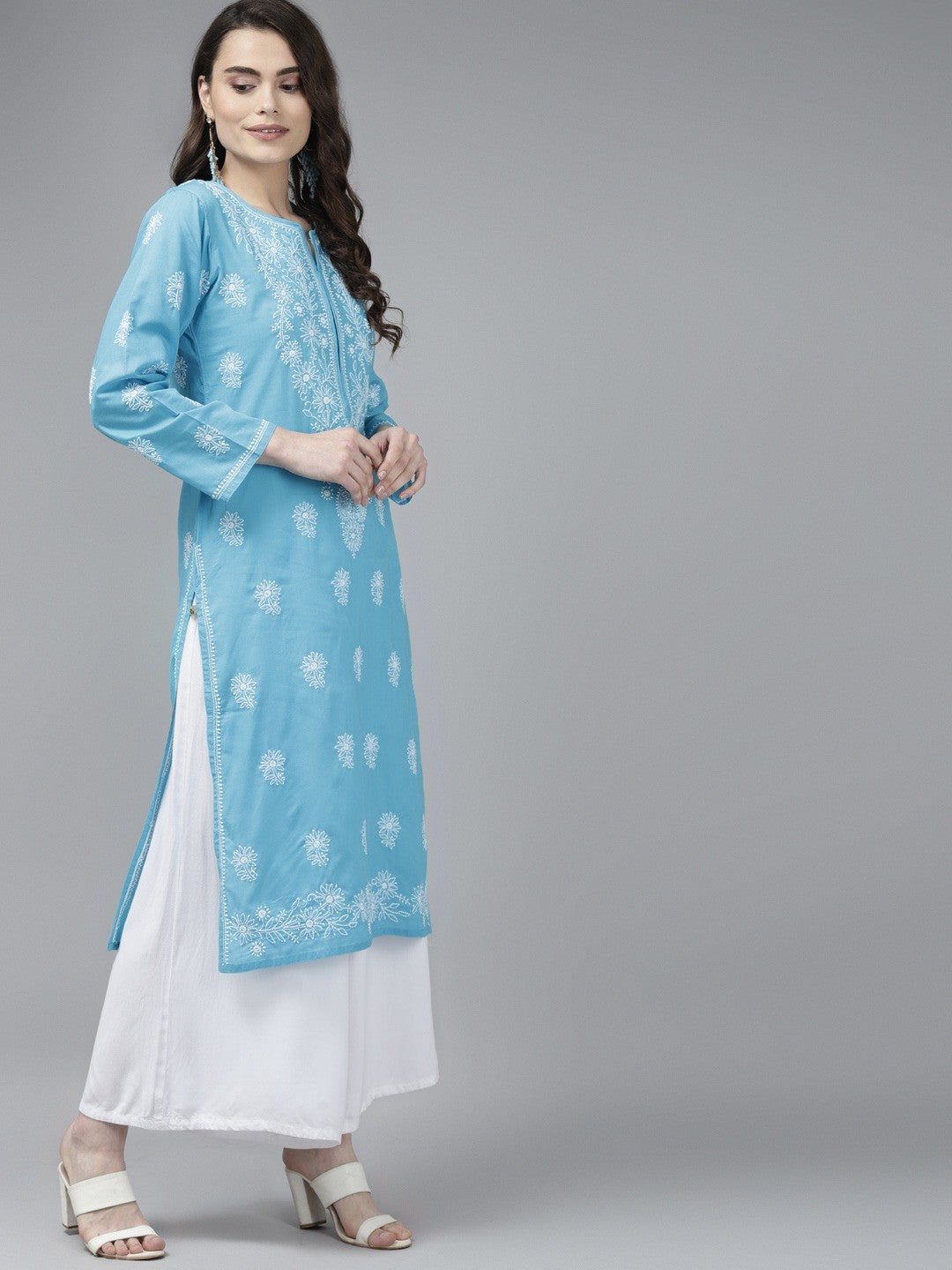Ada Hand Embroidered Blue Cotton Lucknow Chikankari Straight Kurta A125566