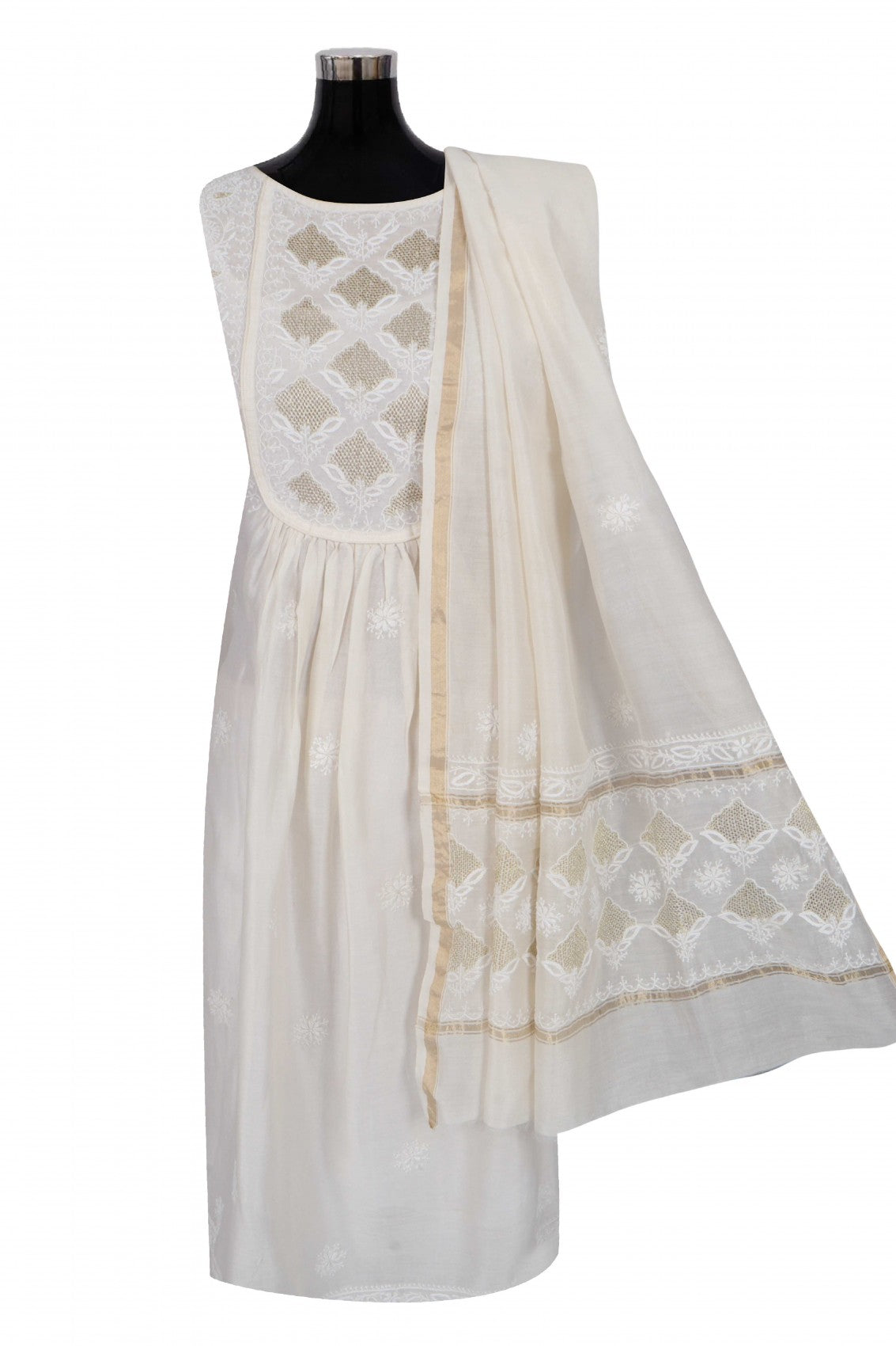 Ada Hand Embroidered Off White Chanderi Lucknowi Chikankari Semi-Stitched Anarkali Kurta Dupatta Set With Zari Work 01A224438