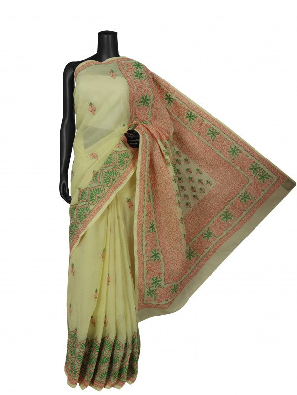 Ada Hand Embroidered Lemon Cotton Lucknowi Chikankari Saree With Blouse A239628