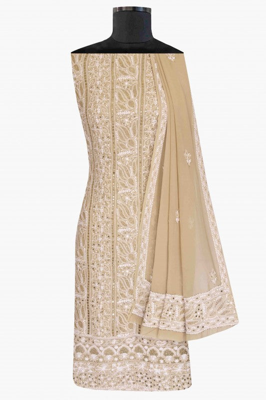 Ada Hand Embroidered Fawn Pure Georgette Lucknowi Chikan Unstitched Kurta Dupatta Set with Muqaish Work A595019