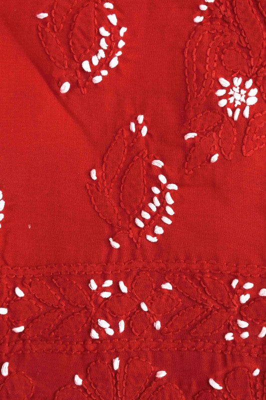 Ada Hand Embroidered Red Cotton Lucknowi Chikan Unstitched Suit Piece–A100155