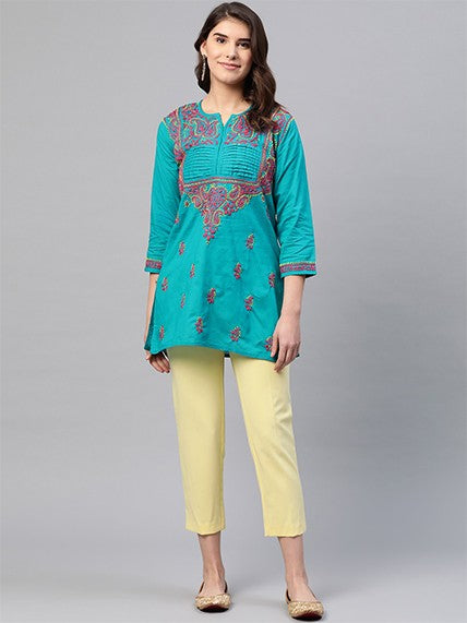 Ada Hand Embroidered Green Cotton Lucknowi Chikankari Straight Kurti A226855