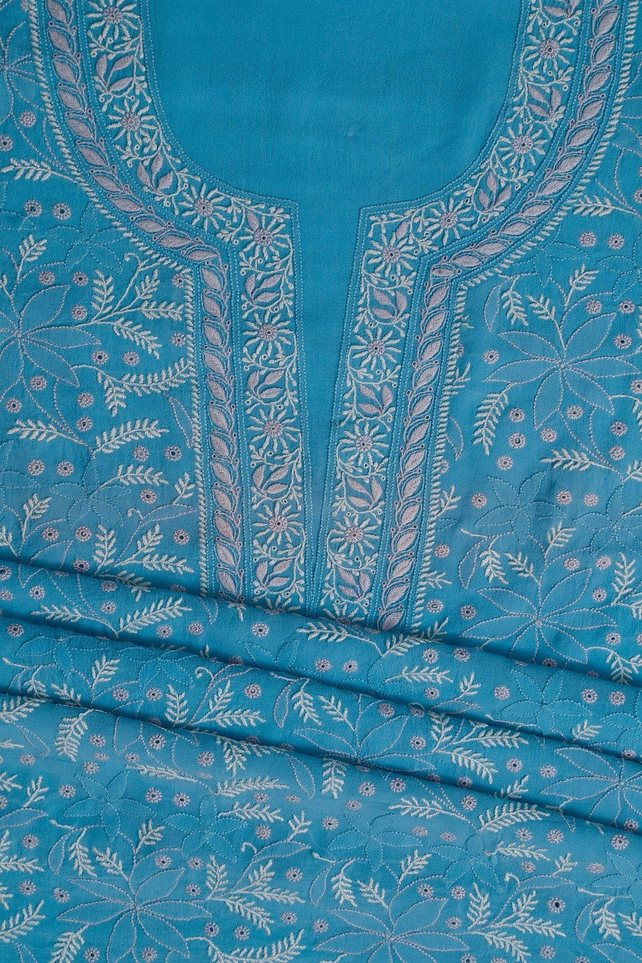Ada Hand Embroidered Cyan Blue Pure Georgette Lucknowi Chikan Unstitched Kurta Dupatta Set A197413