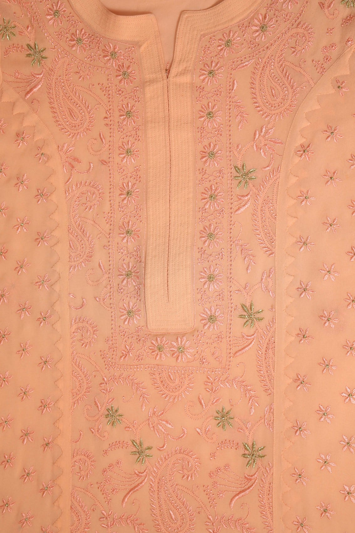 Ada Hand Embroidered Peach Pure Georgette Lucknowi Chikankari Unstitched Kurta Dupatta Set With Zari Work A374517