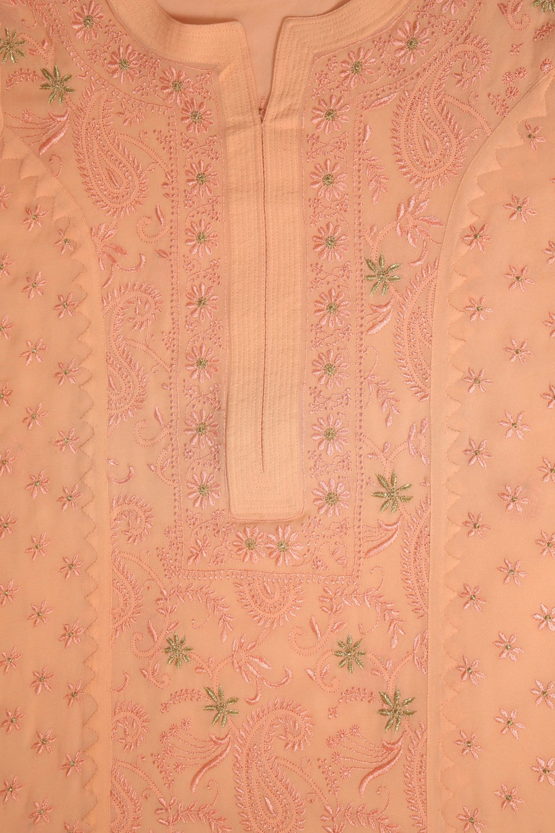Ada Hand Embroidered Peach Pure Georgette Lucknowi Chikankari Unstitched Kurta Dupatta Set With Zari Work A374517