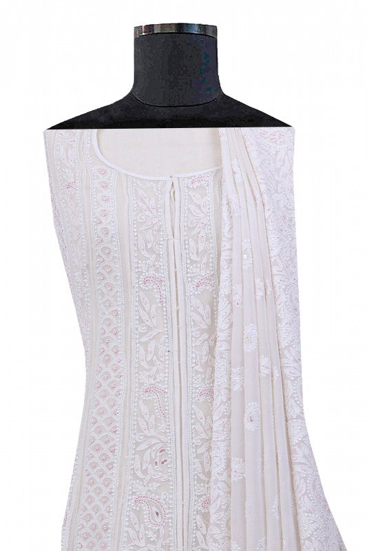 Ada Hand Embroidered White Pure Georgette Lucknowi Chikankari Semi-stitched Anarkali Kurta Dupatta Set With Sequinned & Pearl Work- A623655