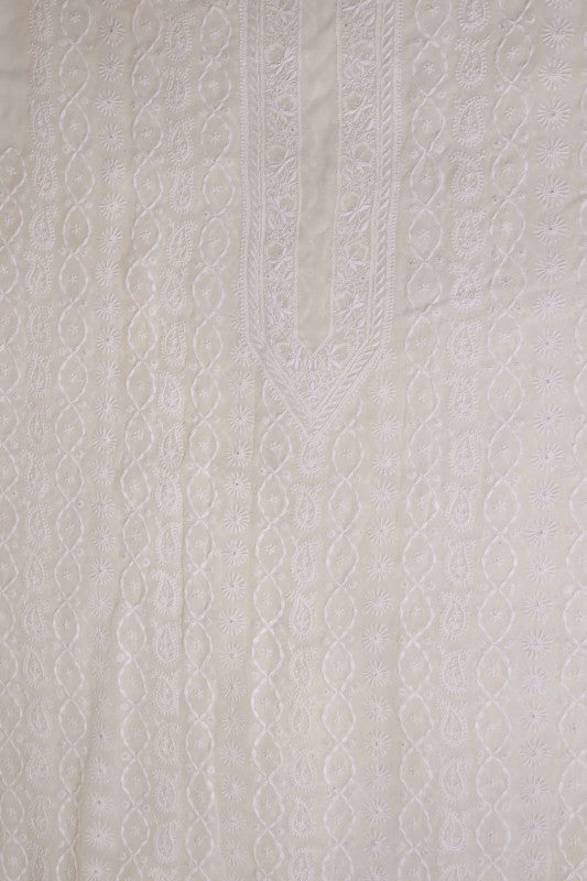 Ada Hand Embroidered Off White Pure Georgette Lucknowi Chikankari Unstitched Men's Kurta Piece 01A85993