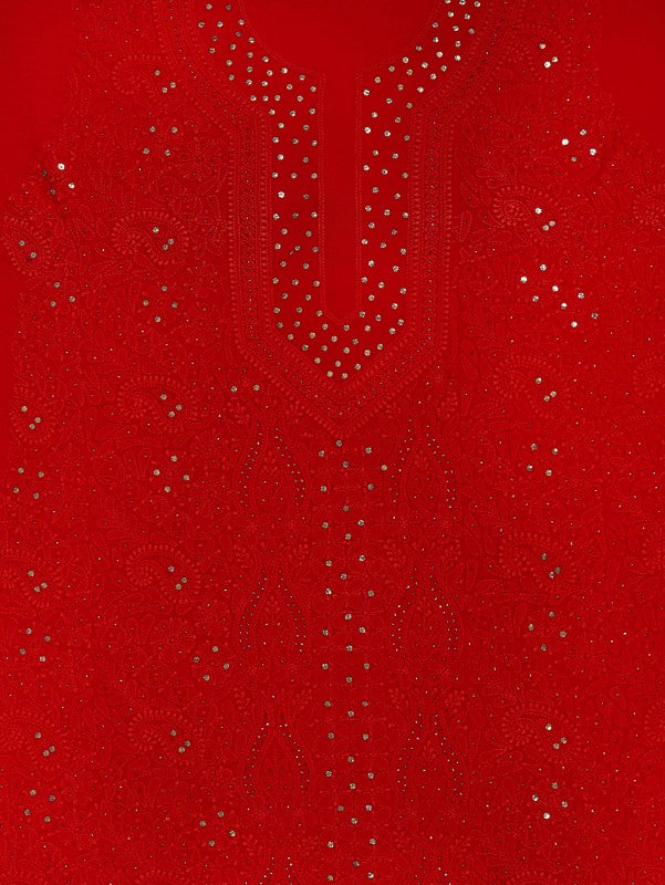 Ada Hand Embroidered Red Georgette Lucknowi Chikankari Unstitched Kurta Piece with Muqaish Work A511732