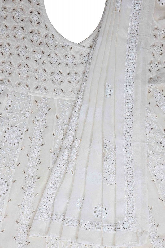Ada Hand Embroidered Ivory White Pure Georgette Lucknowi Chikankari Semi-Stitched Anarkali Kurta Dupatta Set With Muqaish Work A501766