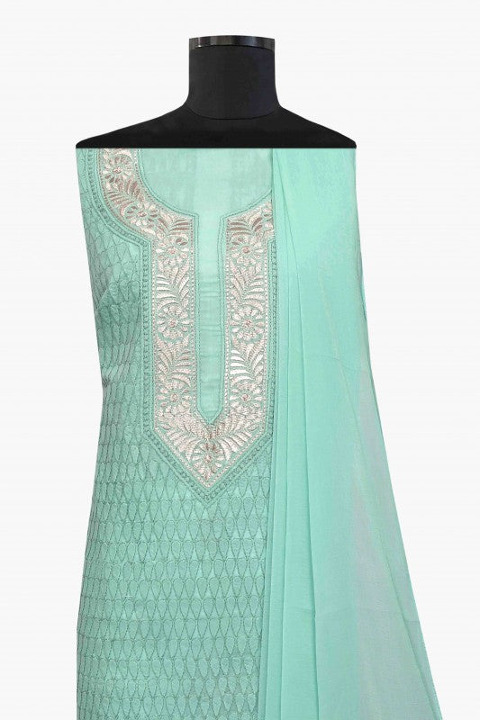 Ada Hand Embroidered Sea Green Cotton Lucknowi Chikan Unstitched Suit Piece–A100184
