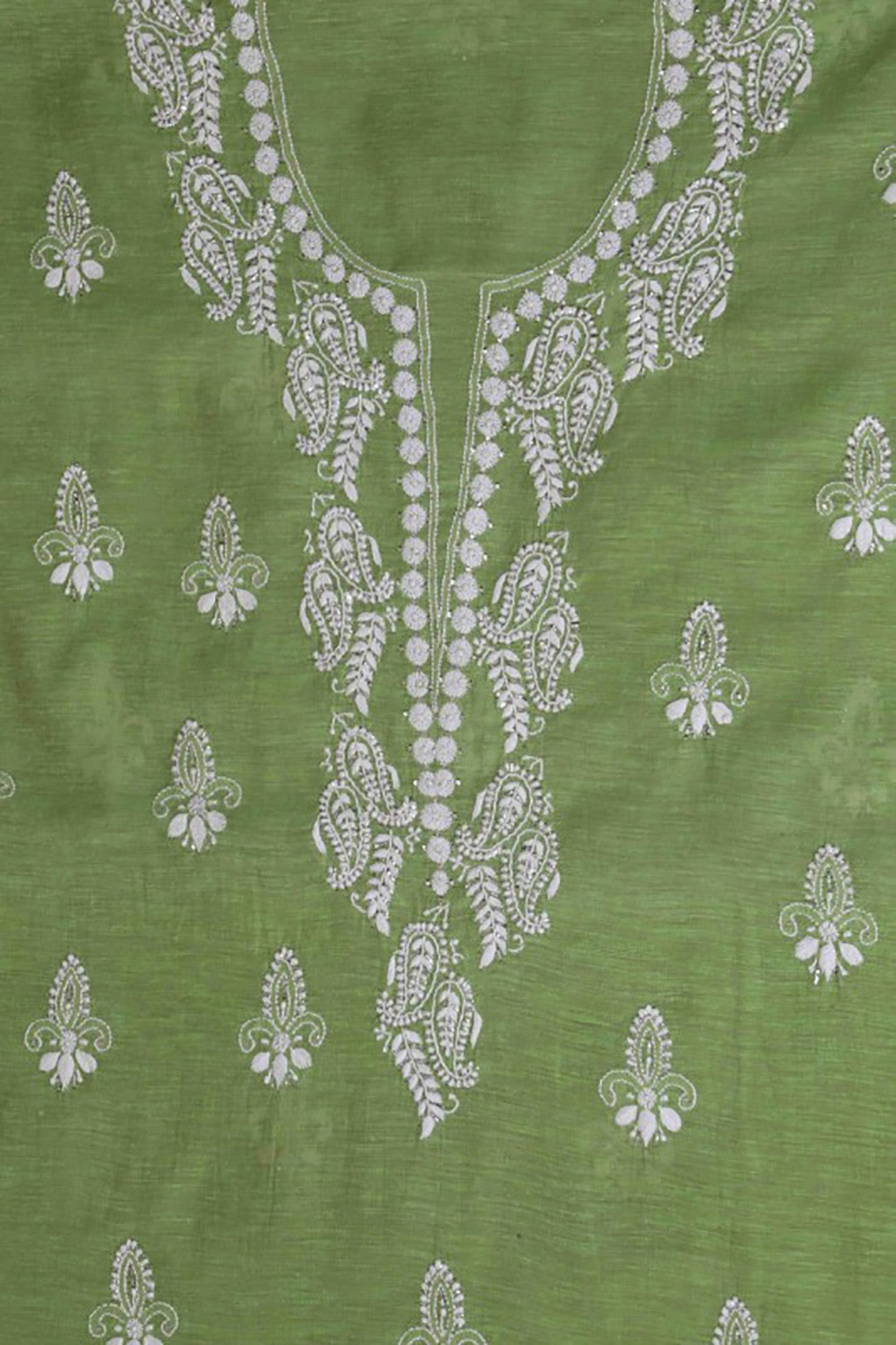 Ada Hand Embroidered Pear Green Khadi Lucknowi Chikankari Unstitched Suit Piece With Muqaish Work 01A10300