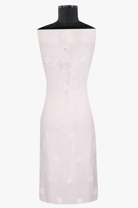 Ada Hand Embroidered White Georgette Lucknowi Chikan Unstitched Kurta Dupatta Set With Pearl Work A579385