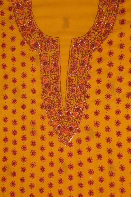 Ada Hand Embroidered Mustard Pure Georgette Lucknowi Chikan Unstitched Suit Piece with Muqaish Work A94468