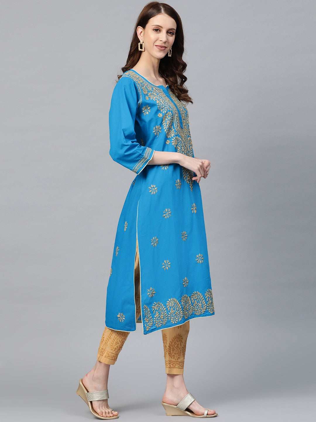 Ada Hand Embroidered Blue Cotton Lucknowi Chikankari Straight Kurta With Trouser Set A811118