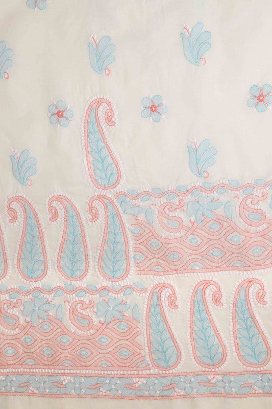 Ada Hand Embroidered Cream/Pink Cotton Lucknowi Chikan Unstitched Suit Piece A621490