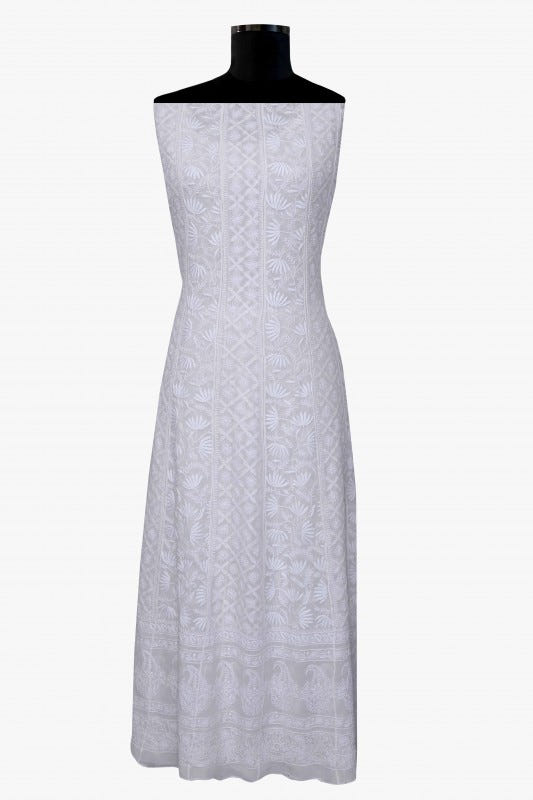 Ada Hand Embroidered White Pure Georgette Lucknowi Chikankari Semi-stitched Anarkali Kurta Dupatta – A583363