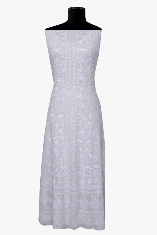 Ada Hand Embroidered White Pure Georgette Lucknowi Chikankari Semi-stitched Anarkali Kurta Dupatta – A583363
