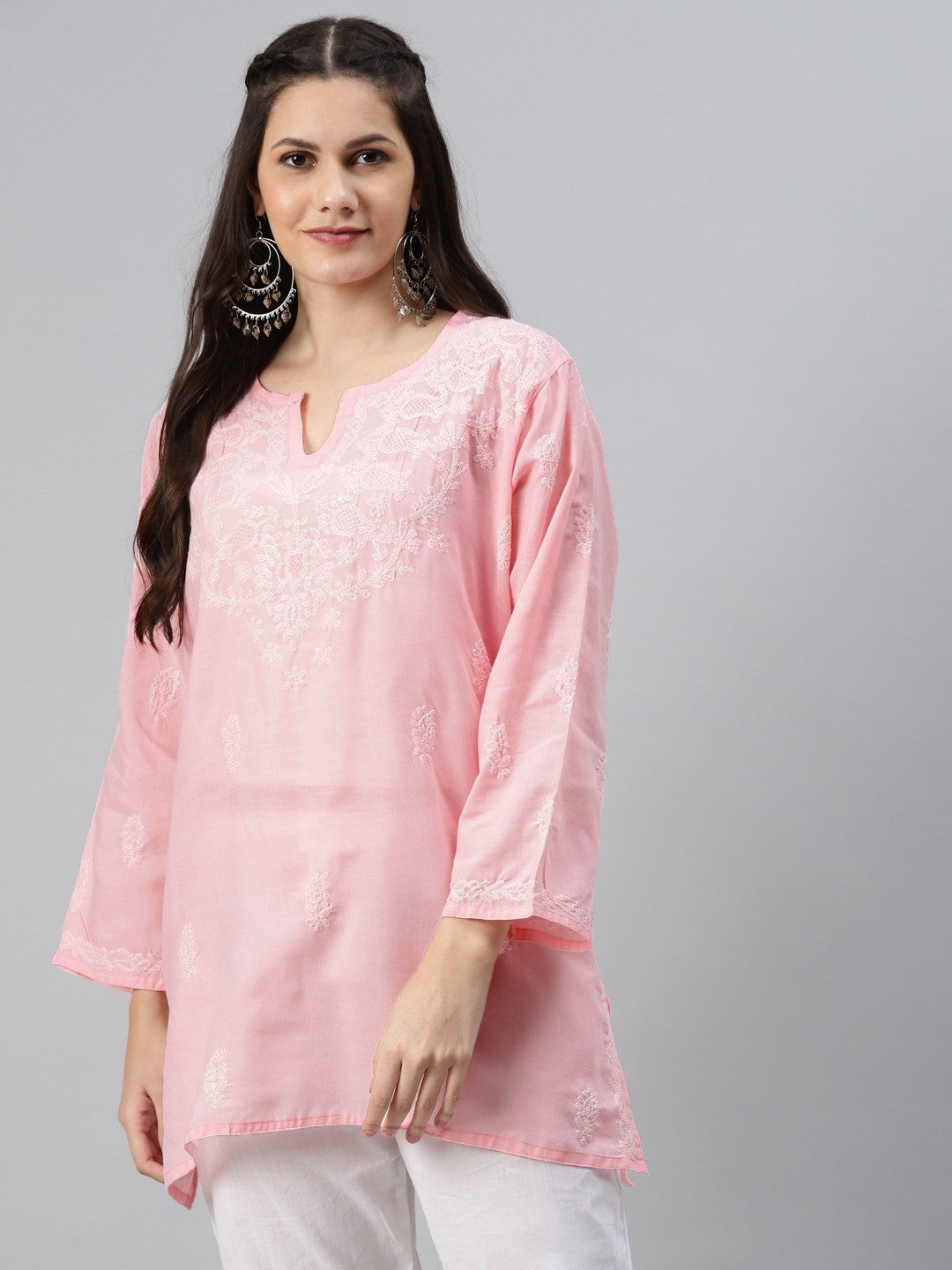 Ada Hand Embroidered Pink Cotton Lucknowi Chikan Kurti A509493