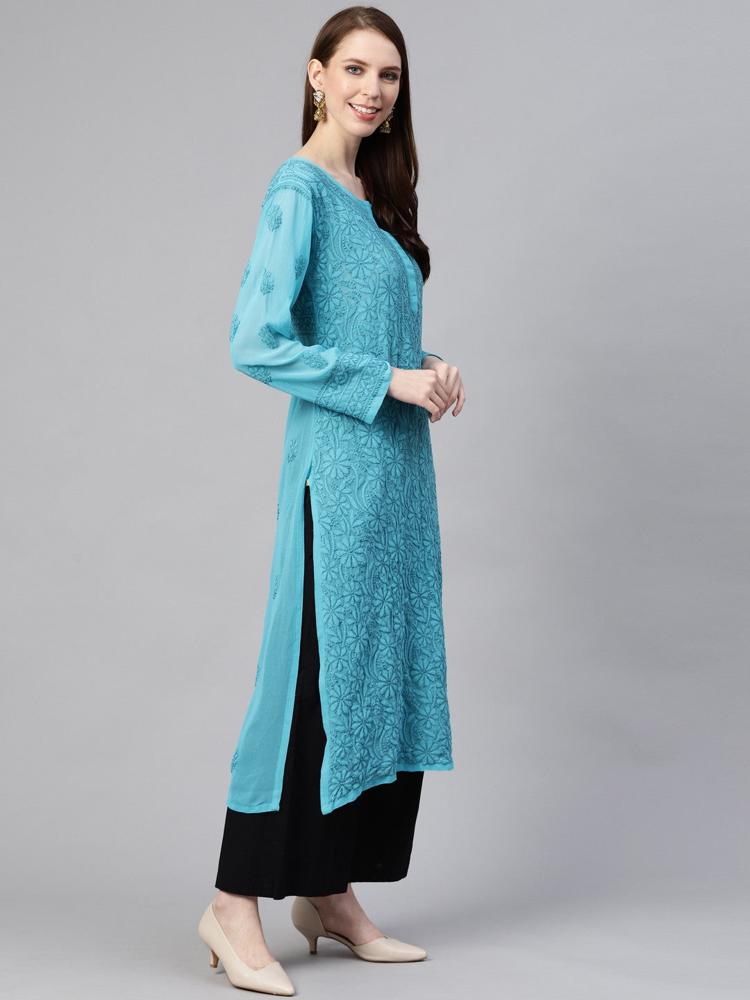 Ada Hand Embroidered Blue Georgette Lucknow Chikankari Straight Kurta A100588
