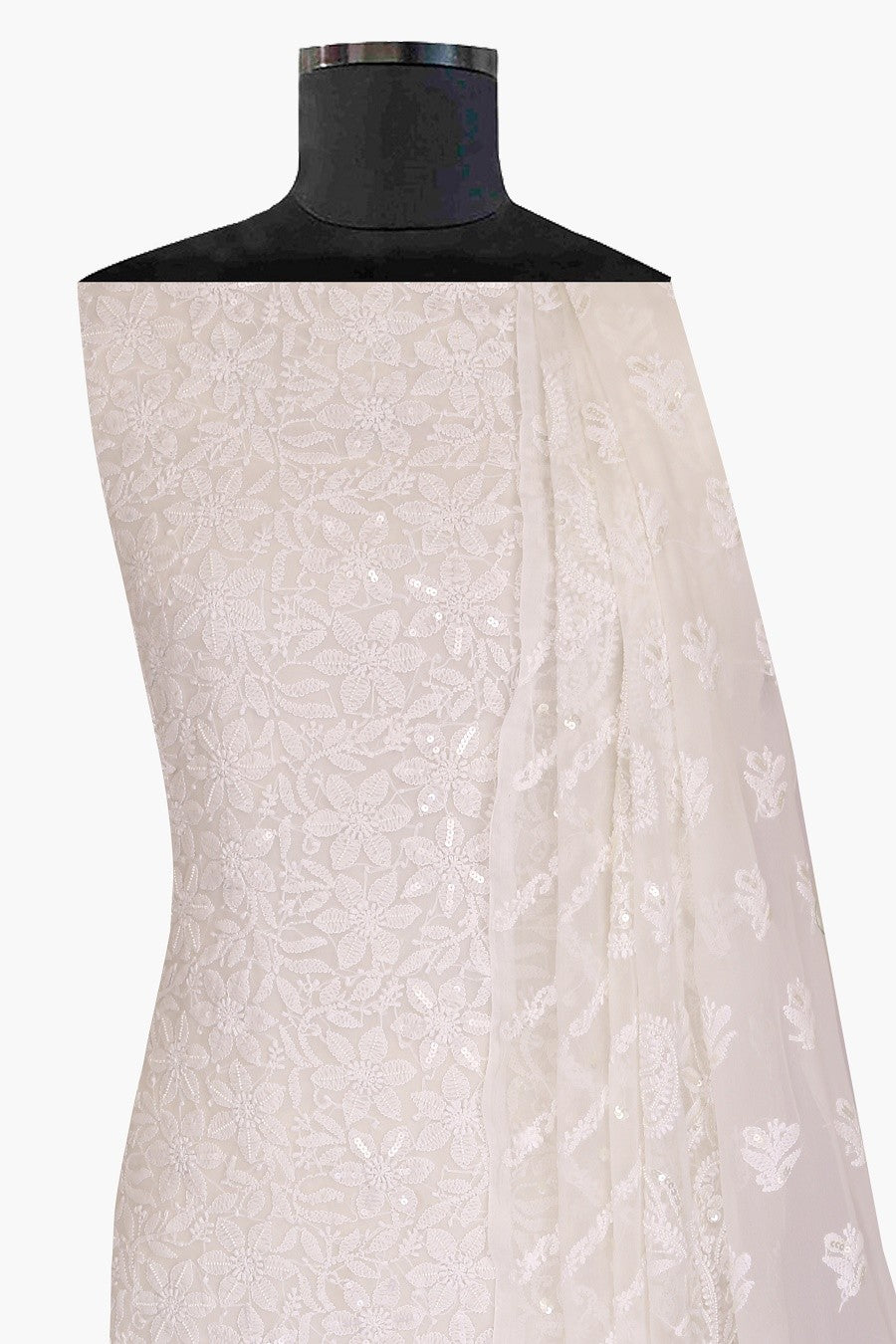 Ada Hand Embroidered White Georgette Lucknowi Chikan Unstitched Kurta Dupatta Set with Pearl & Sequinned A619056