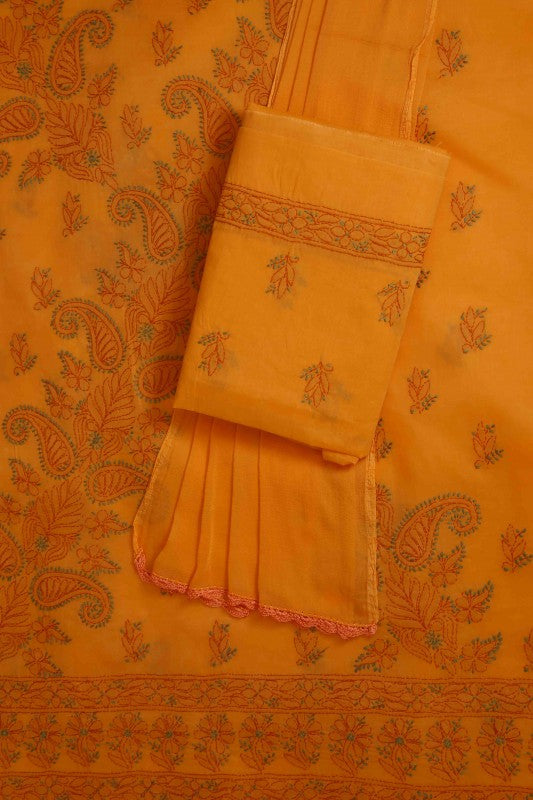 Ada Hand Embroidered Mustard Cotton Lucknowi Chikan Unstitched Suit Piece-A211154