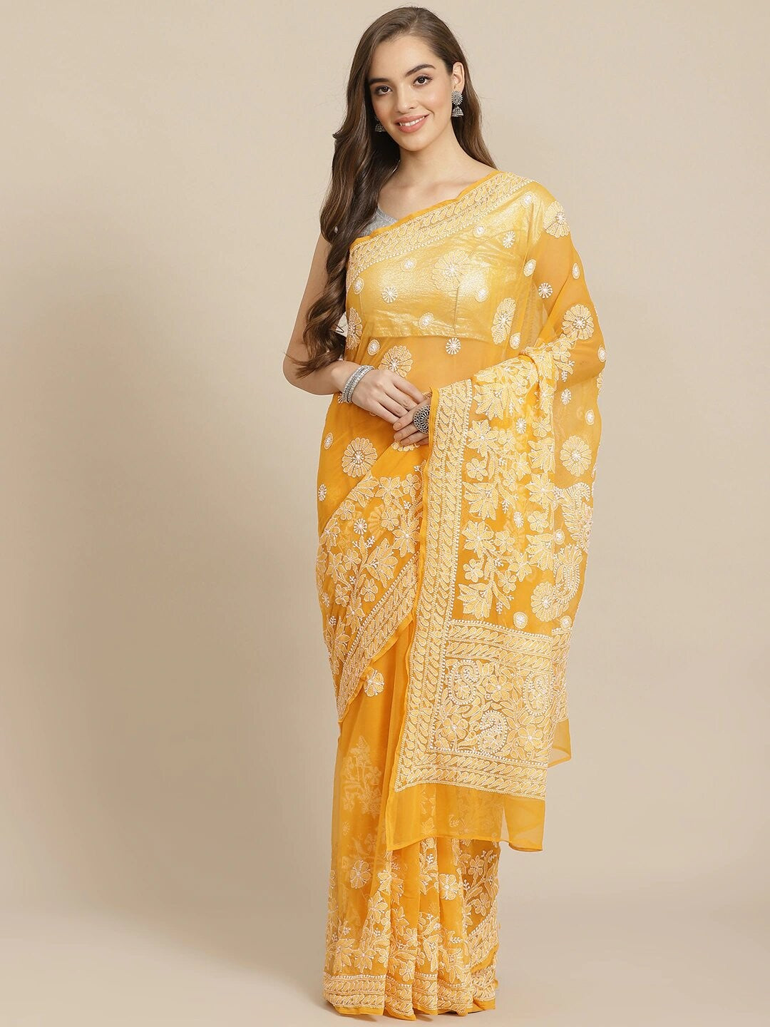 Ada Hand Embroidered Mustard Georgette Lucknow Chikan Saree with Blouse A311270